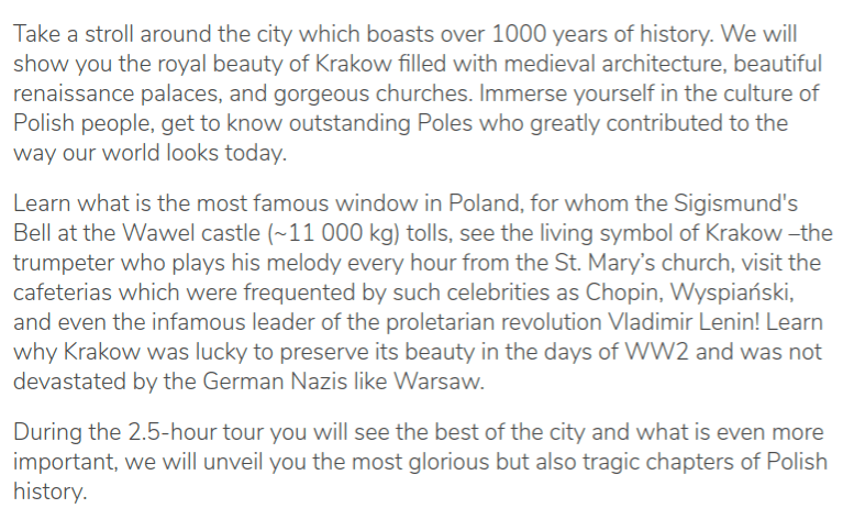 Tour description of the guruwalk of Krakow Explores, in Poland.