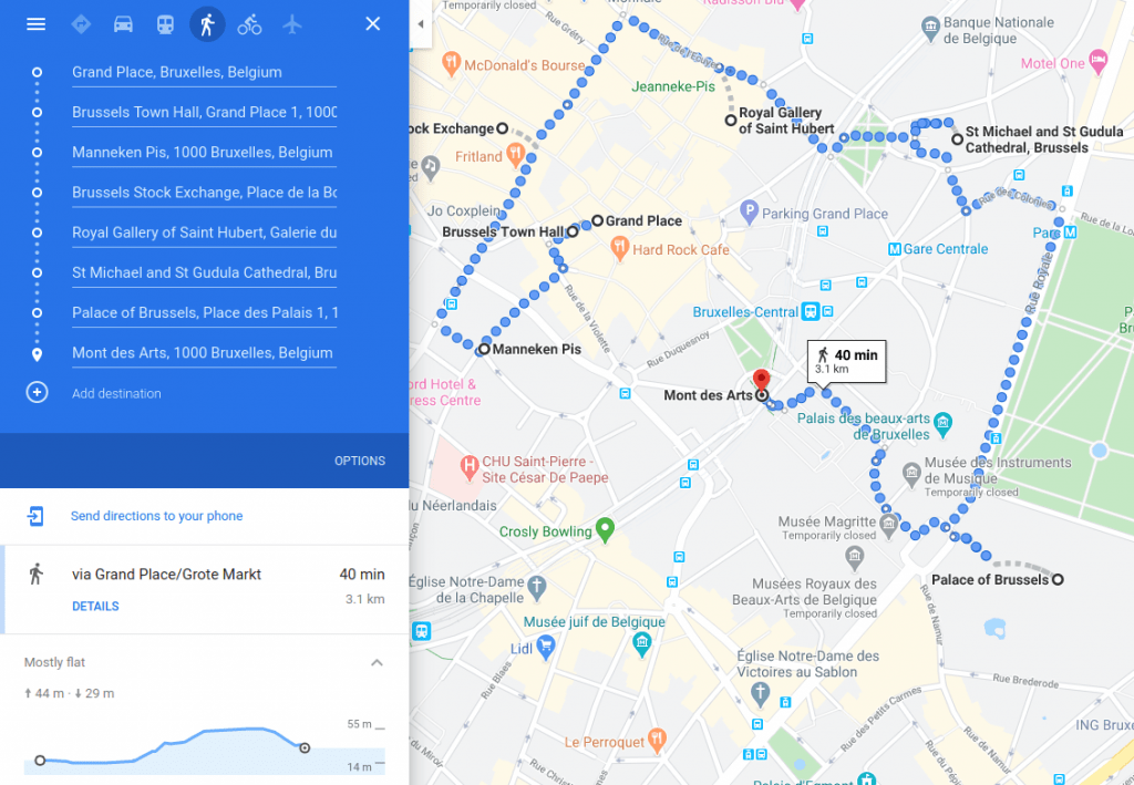 Route of a free walking tour in Brussels on Google Maps