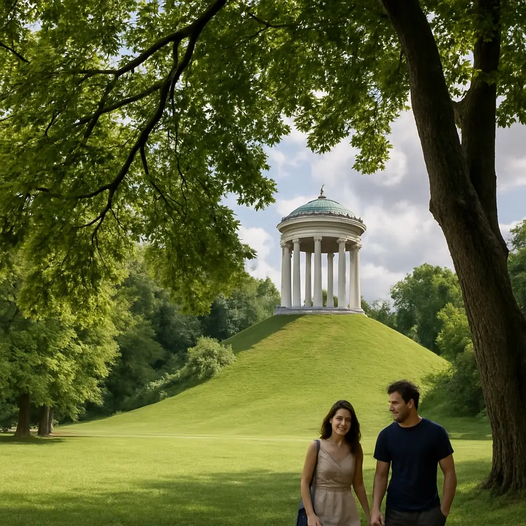 Green landscape and monument in Munich's English Garden
