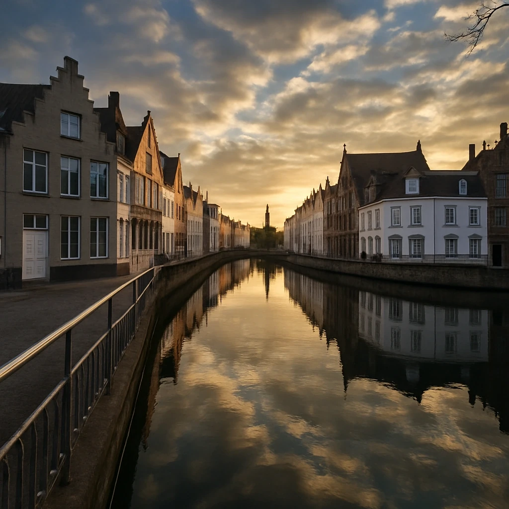 Puesta de sol en Brujas, Bélgica, con canales y edificios históricos.
