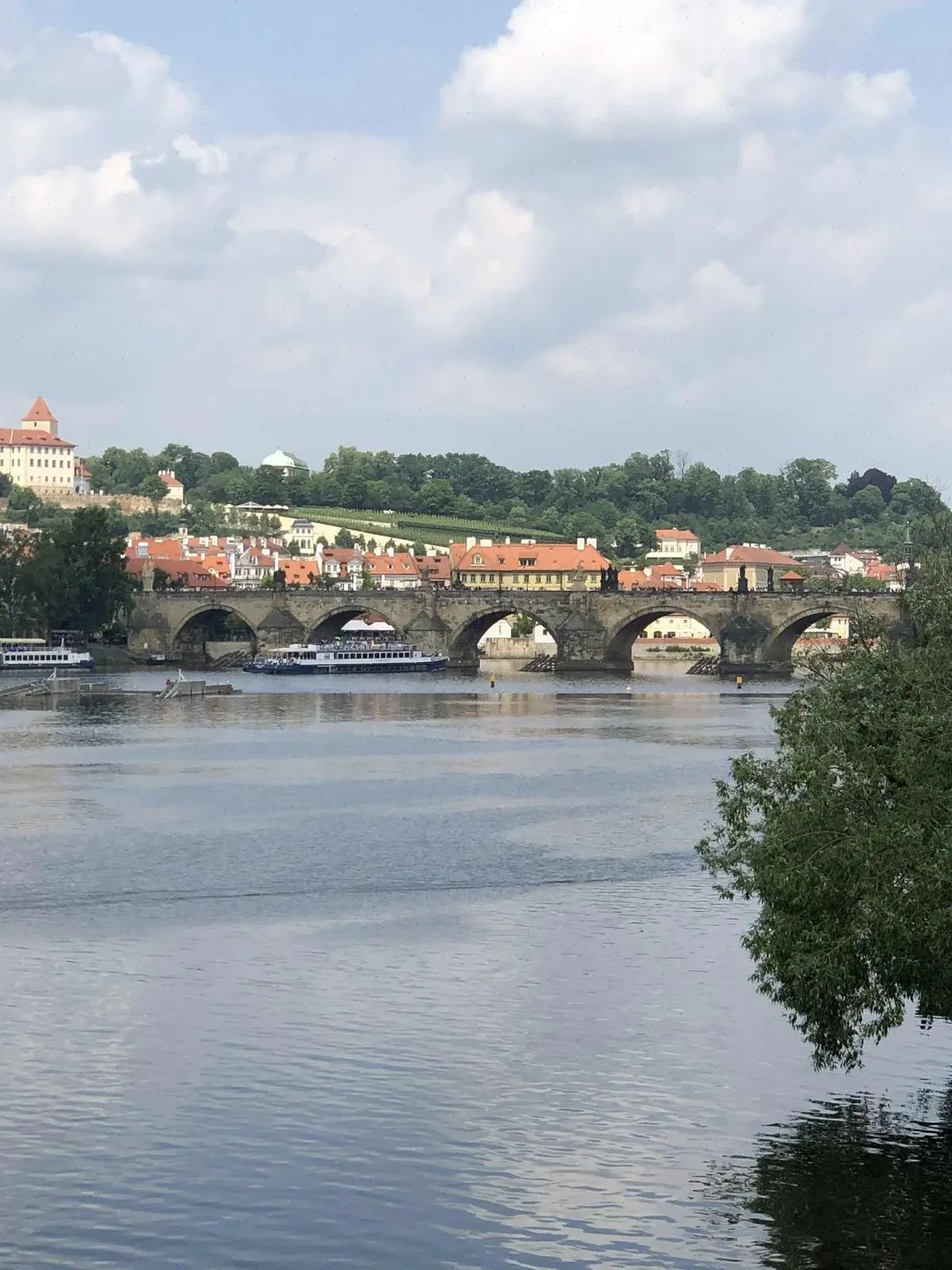 Vista panorámica de Praga con el río Moldava y el Puente de Carlos