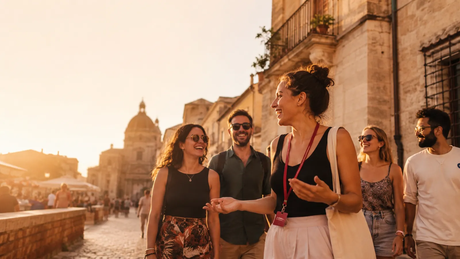GuruWalk local guide leading a small group of travelers through a European old town at sunset