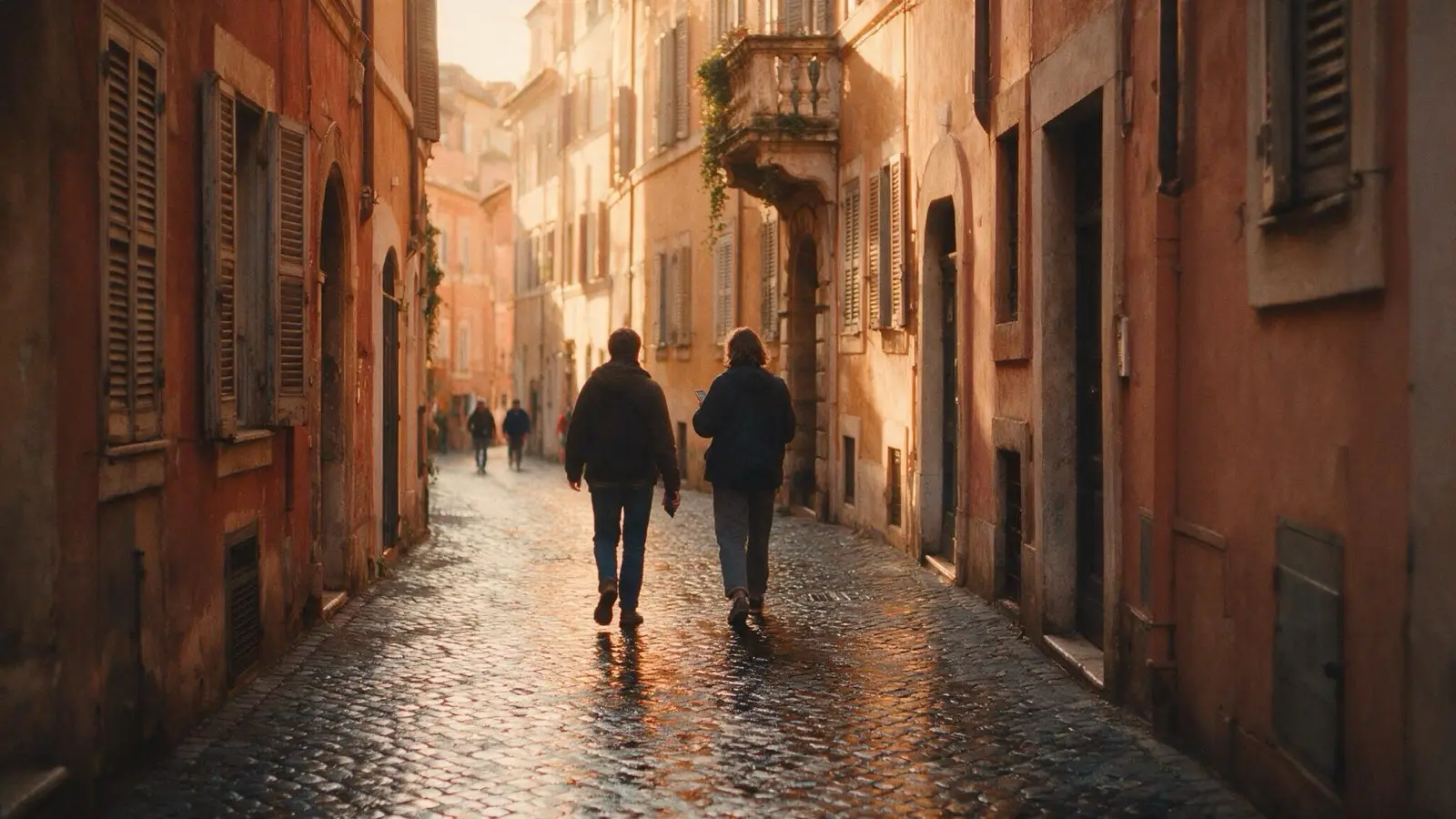 Two travellers walking a rain-wet cobbled street in Rome at golden hour, one holding a phone
