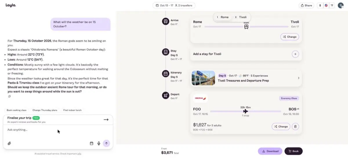 Layla AI travel planner giving a confident weather forecast for a date 63 days ahead