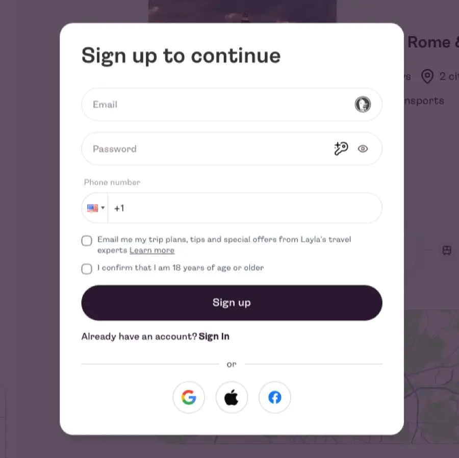 Layla sign-up wall asking for email, password and phone number to continue the conversation