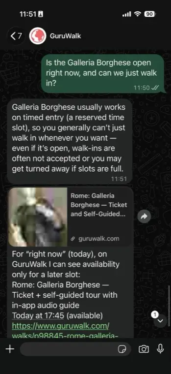 Kiara checking real Galleria Borghese ticket availability and reporting a 17:45 slot