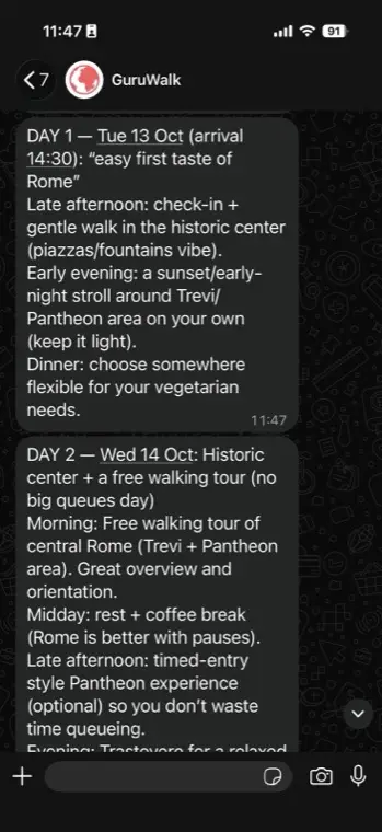Kiara delivering a day-by-day Rome itinerary inside WhatsApp with a free walking tour and timed-entry advice