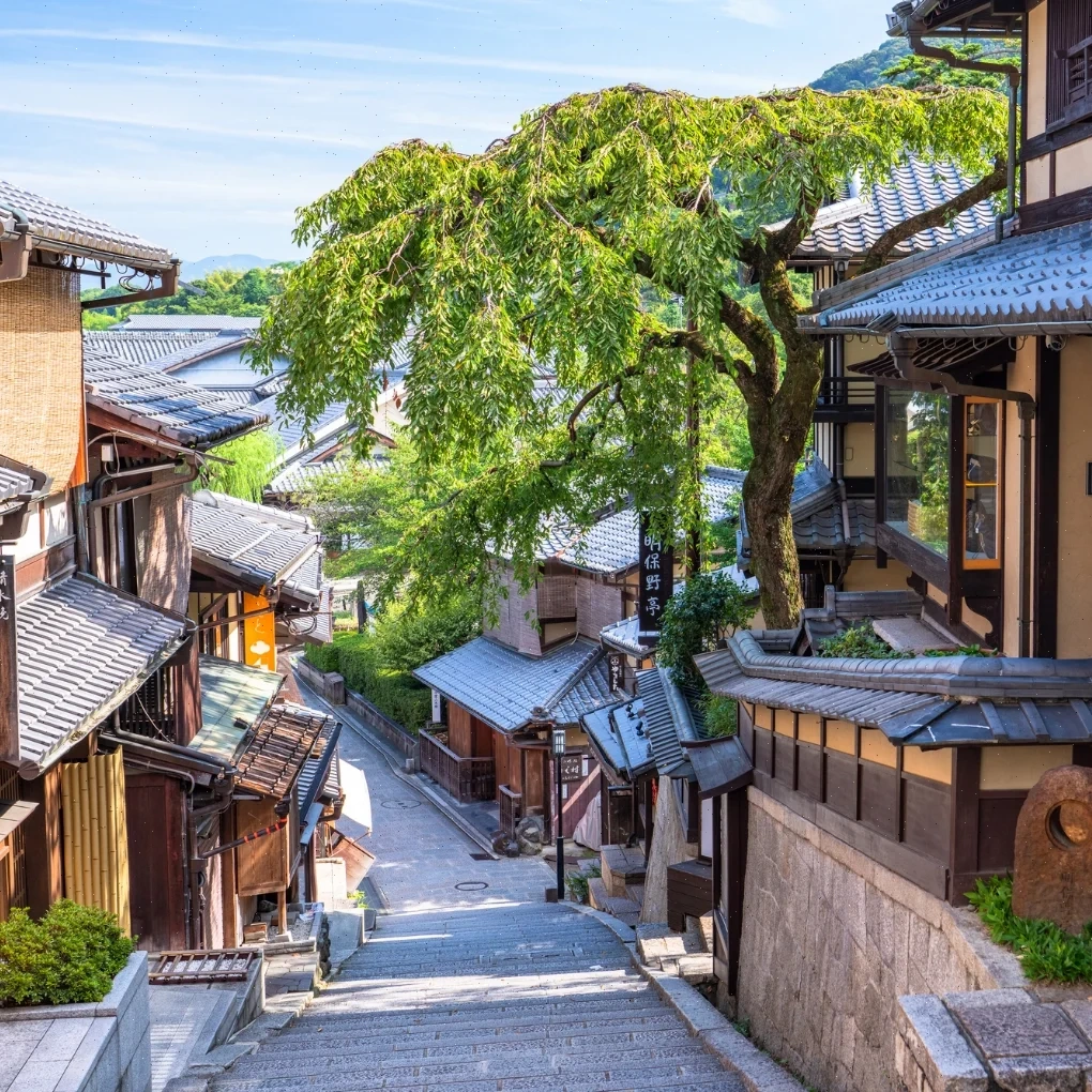 Traditional Higashiyama street lined with wooden houses in Kyoto