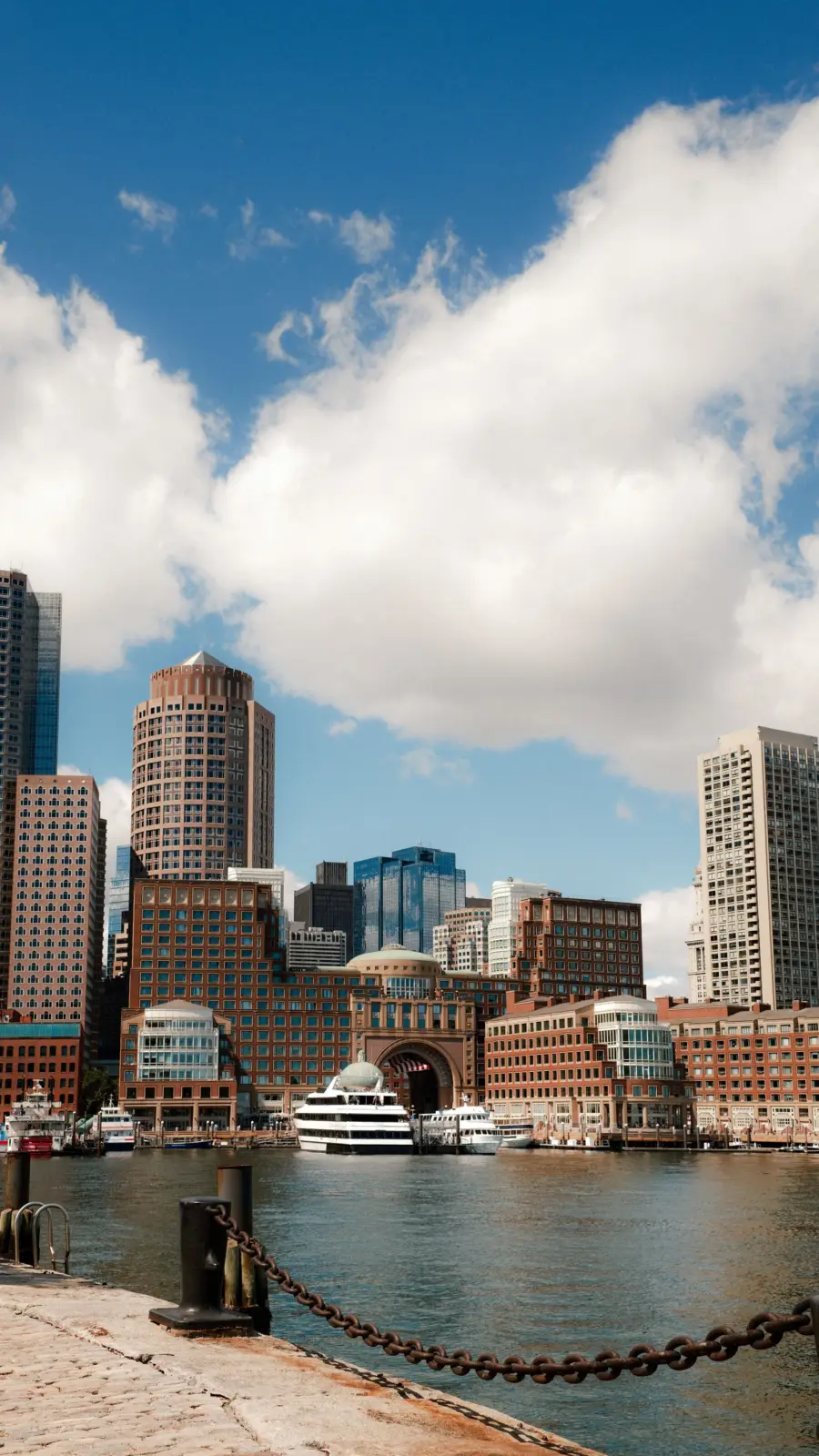 Boston Harbor waterfront and downtown skyline viewed from the quay