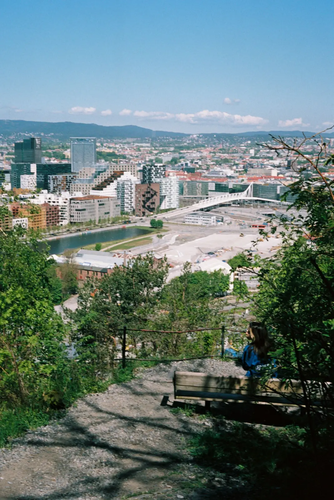 Vista panorámica de Oslo desde una ladera arbolada con una persona sentada en un banco