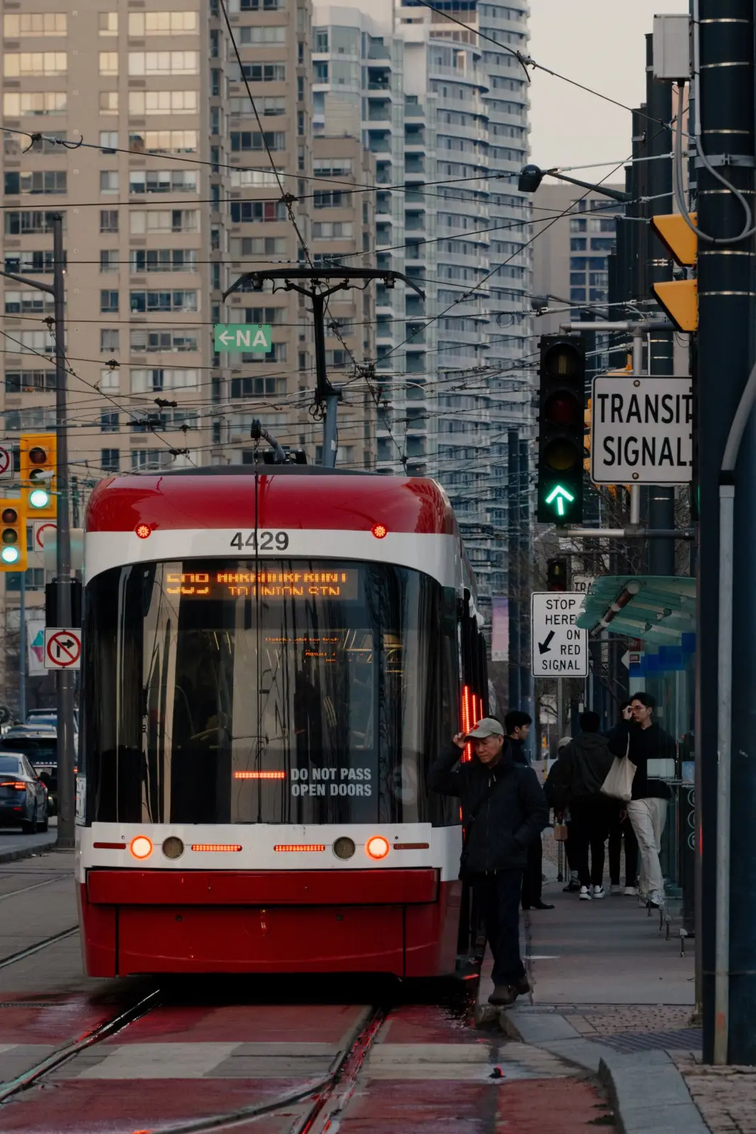 Toronto streetcar on the 509 Harbourfront route at a downtown transit stop