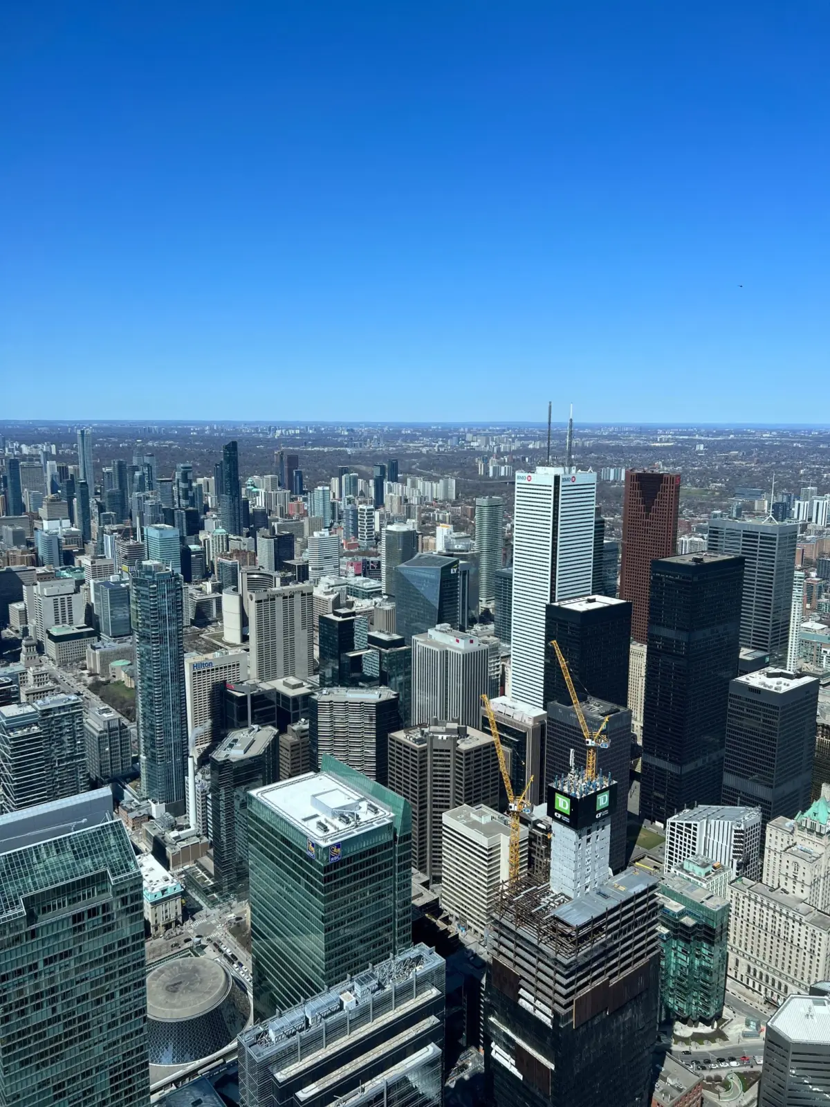 Elevated view across the downtown Toronto skyline under a clear blue sky