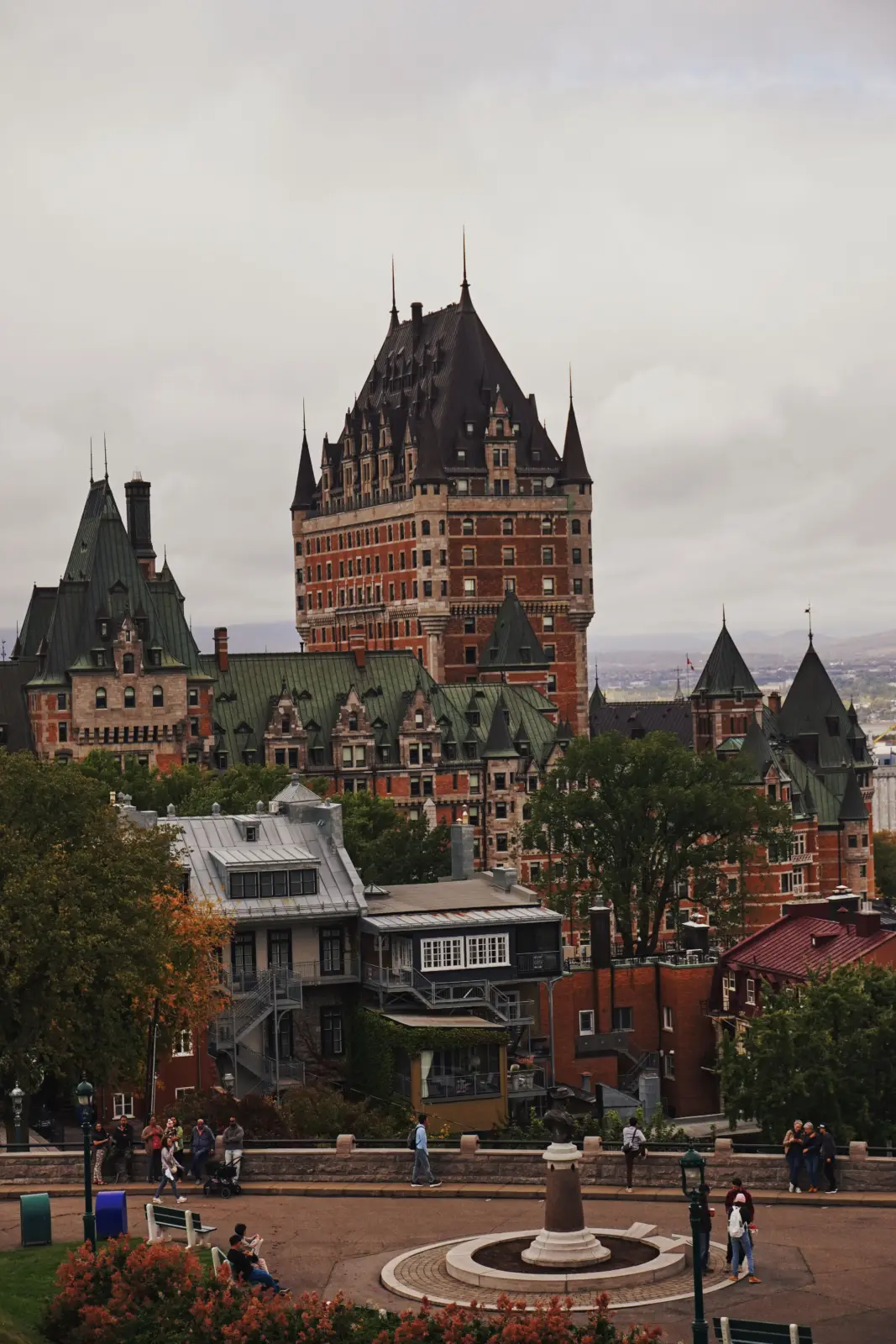 Château Frontenac above Old Quebec and a landscaped overlook in Quebec City