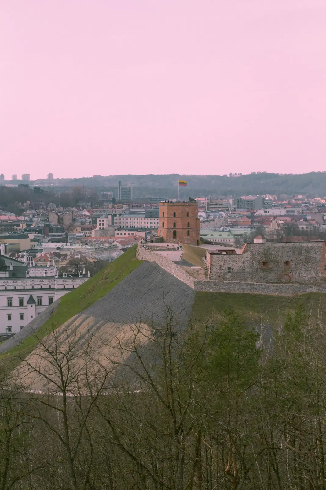 Torre de Gediminas y panorama urbano de Vilnius desde una colina