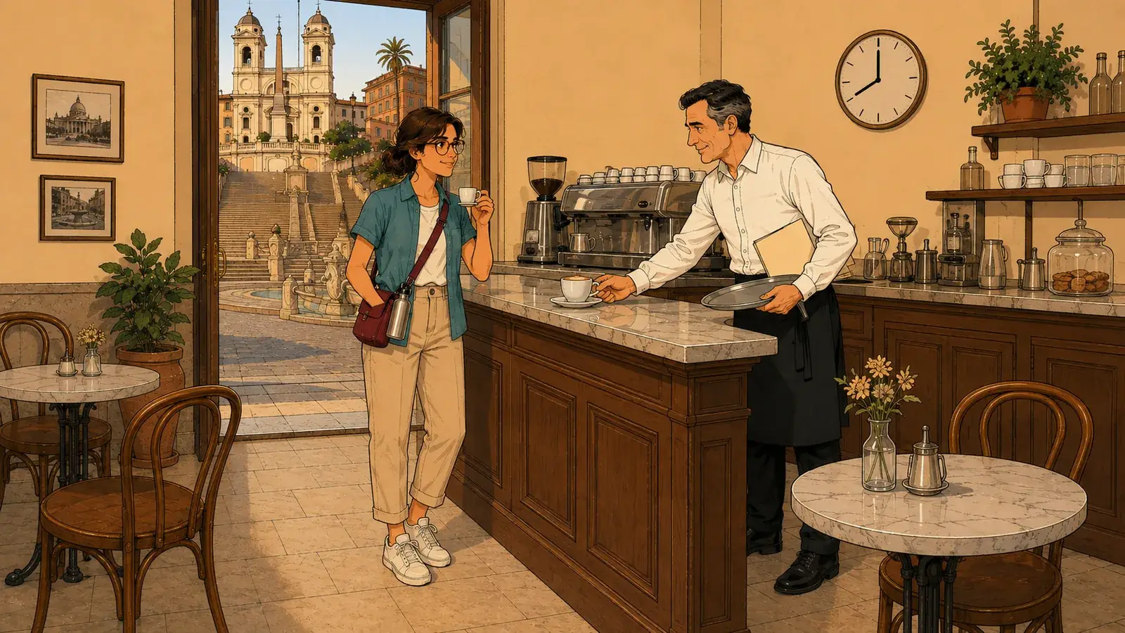 Ilustración de una viajera tomando un espresso de pie en la barra de un café de Roma
