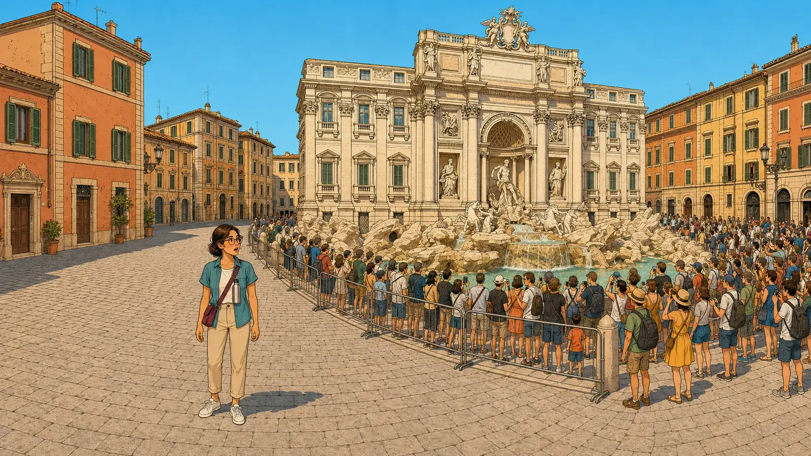 Ilustración de la Fontana di Trevi llena de gente al mediodía con la nueva barrera de acceso al perímetro de la fuente, Roma