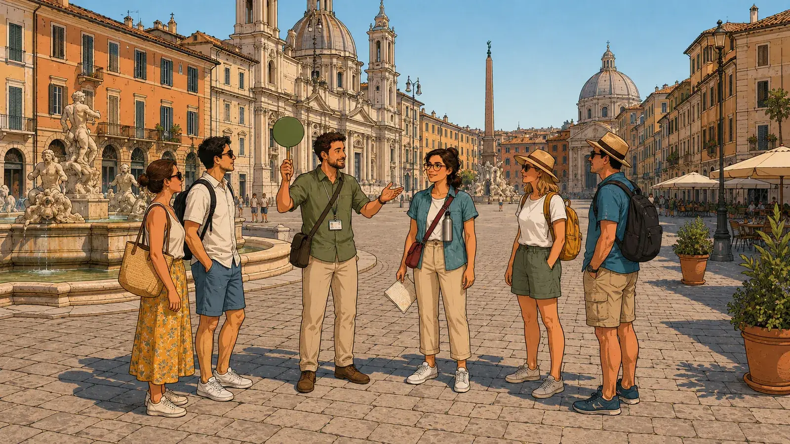 Ilustración de un grupo de viajeros con un guía local en Piazza Navona durante un free tour por Roma