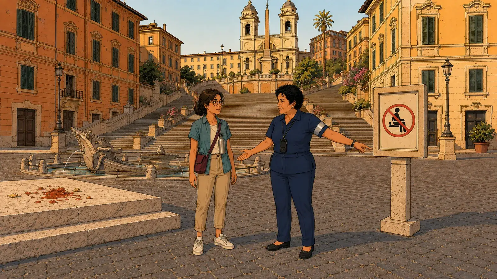 Ilustración de una agente municipal señalando la señal de prohibido sentarse a una viajera junto a la escalinata de Plaza de España, Roma