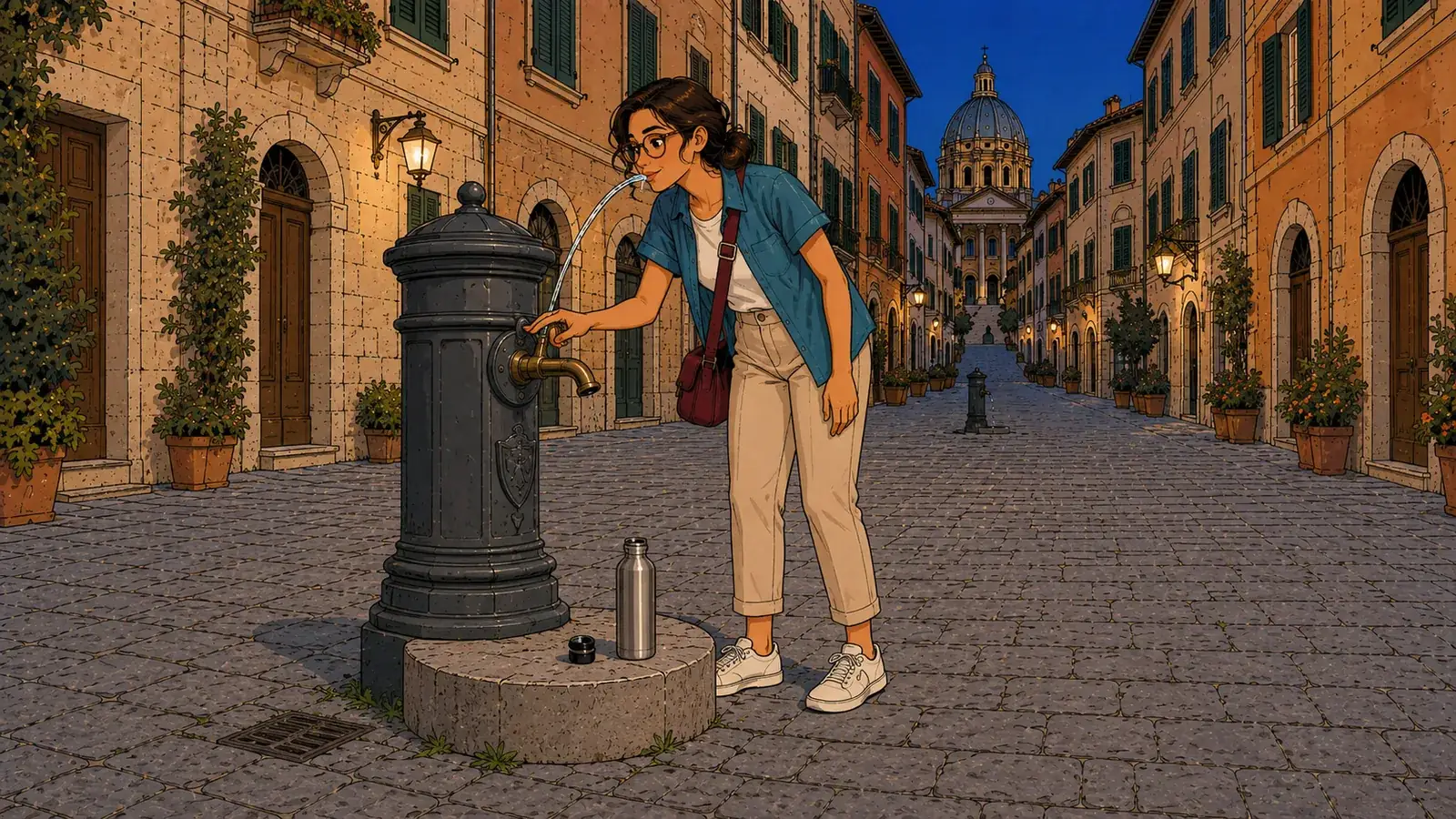 Ilustración de una viajera bebiendo de un nasone, la fuente de hierro de Roma, tapando el caño con el dedo