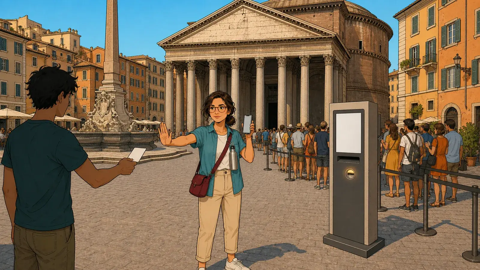 Ilustración de una viajera rechazando una entrada de un vendedor no autorizado frente al Panteón de Roma, junto al tótem oficial de venta