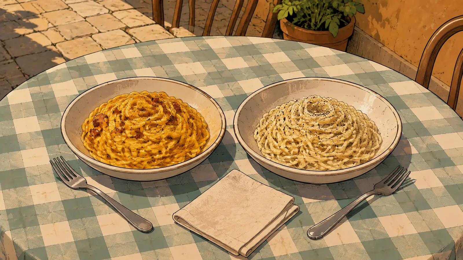 Ilustración de dos platos de pasta romana, carbonara y cacio e pepe, sobre una mesa de trattoria en Roma