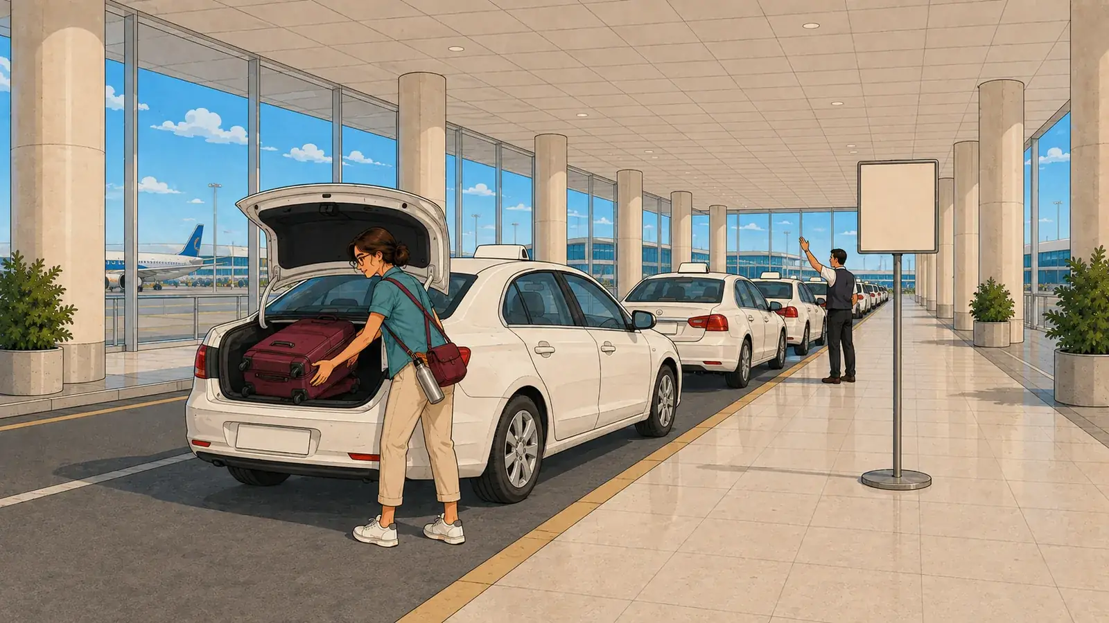 Ilustración de una viajera cargando la maleta en un taxi blanco oficial en la parada del aeropuerto de Fiumicino, Roma