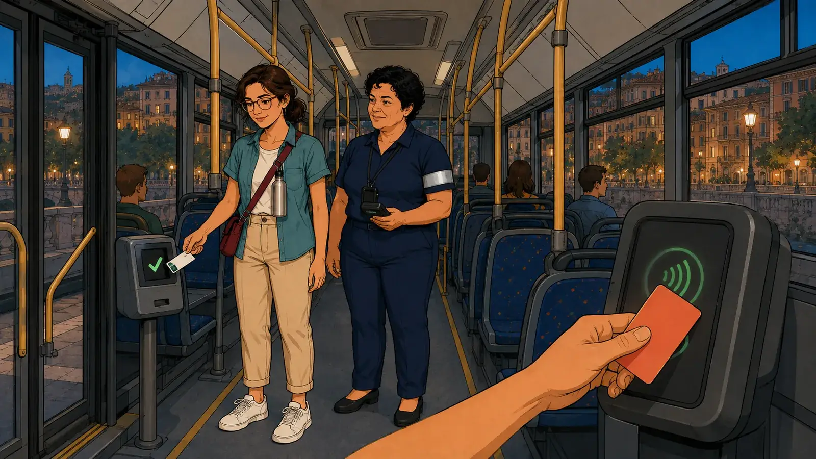 Ilustración de una viajera validando el billete de papel en un autobús de Roma mientras otra mano paga con tarjeta contactless