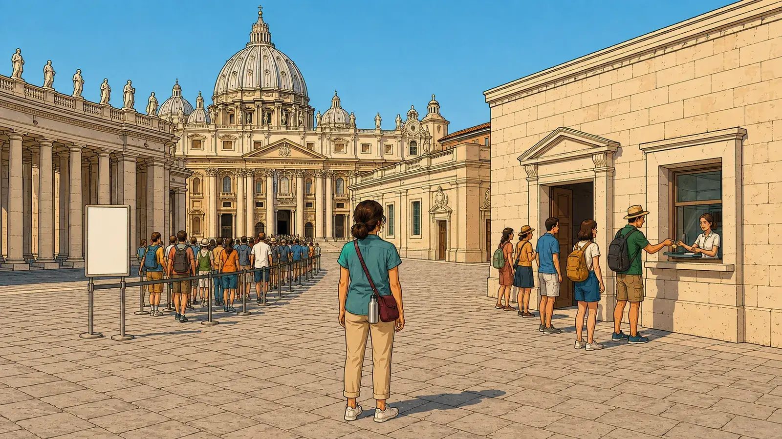 Ilustración de una viajera ante las dos entradas del Vaticano: la basílica de San Pedro y los Museos Vaticanos