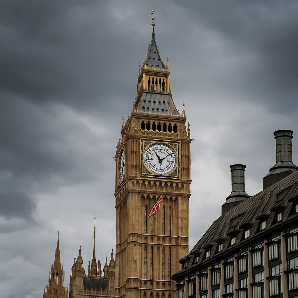 La torre Elizabeth y la esfera del Big Ben bajo un cielo nublado de Londres