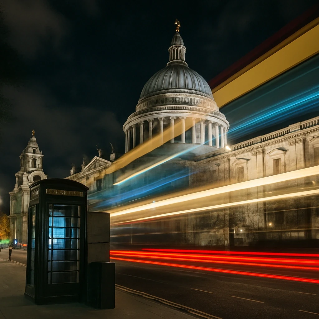 La cúpula de la catedral de San Pablo de Londres con estelas de tráfico nocturno
