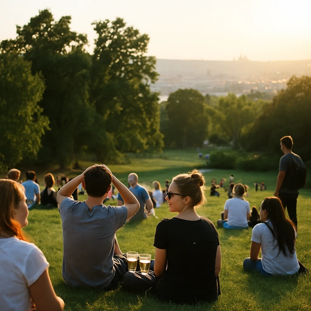Gente sentada sobre el césped de Hyde Park, en Londres, al atardecer