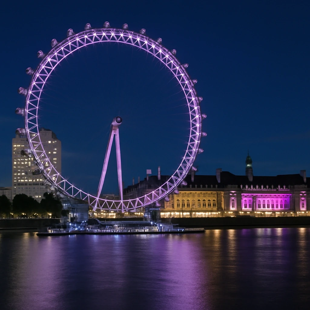 El London Eye iluminado en morado sobre el Támesis por la noche