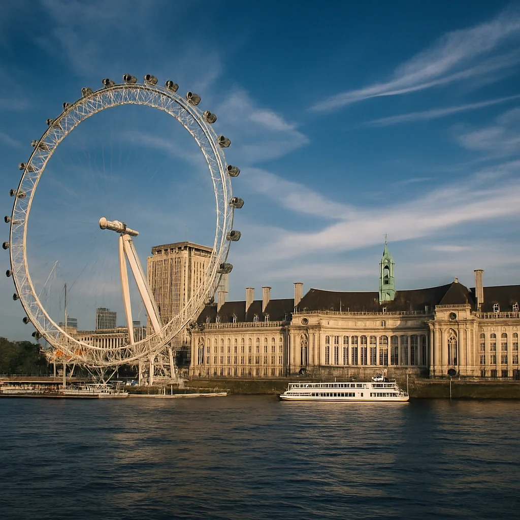 El London Eye junto al Támesis con el perfil de Londres al fondo