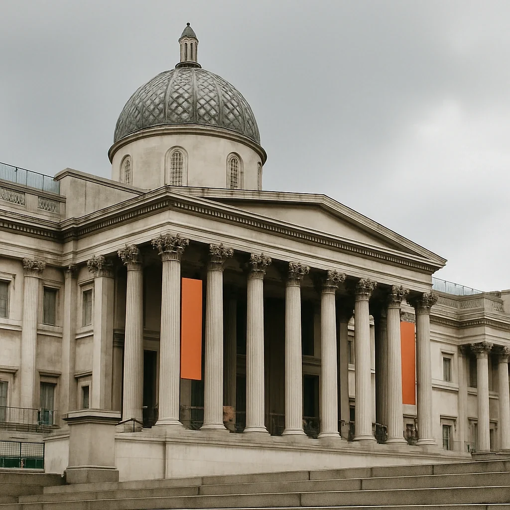 Fachada neoclásica y cúpula de la National Gallery en Trafalgar Square, Londres
