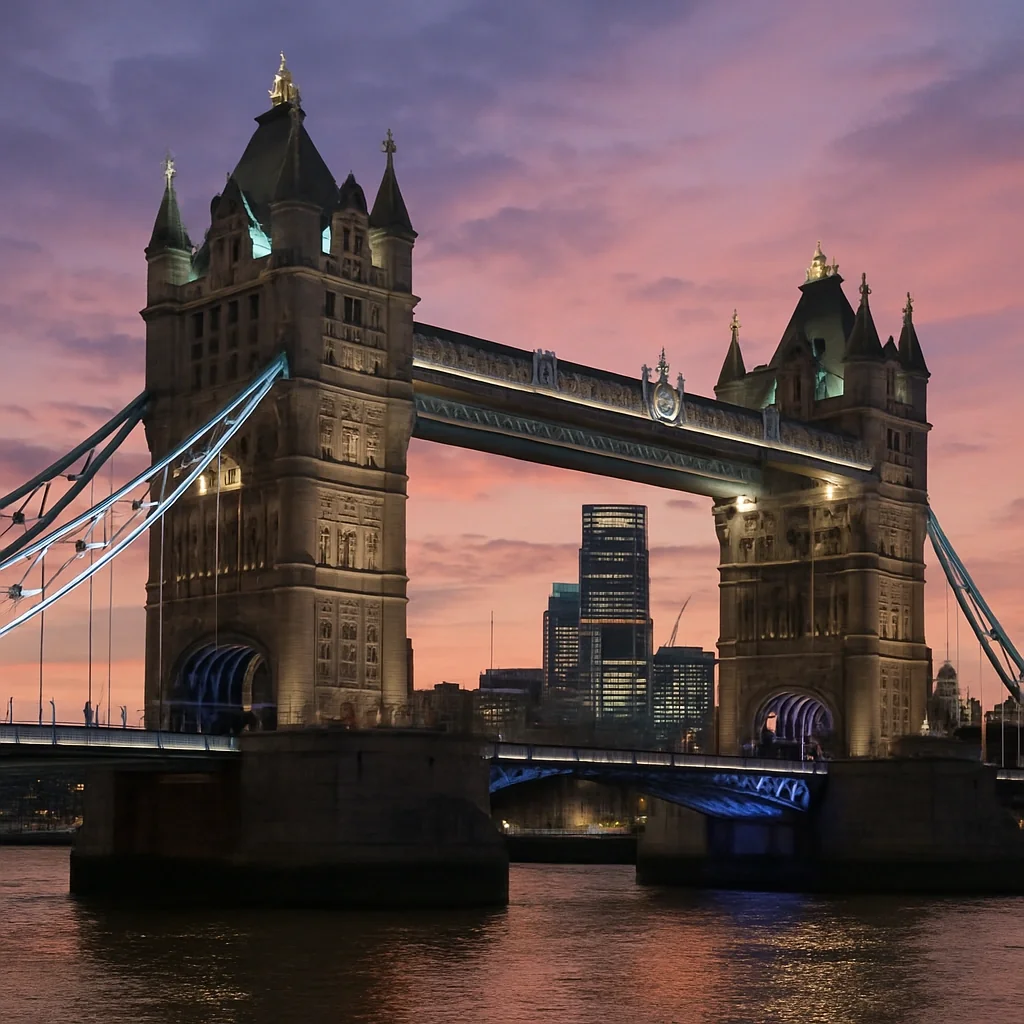 El Tower Bridge sobre el Támesis al anochecer, con los rascacielos de la City al fondo