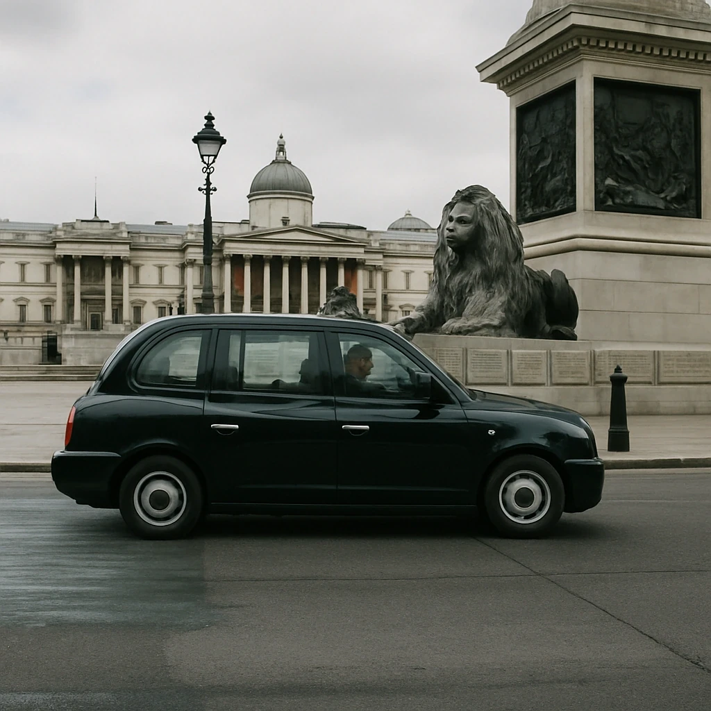 Un taxi negro pasando junto a los leones de Trafalgar Square, frente a la National Gallery