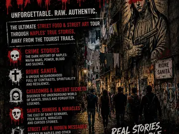 👁️ Descubre el lado oculto de la ciudad. La Verdadera Nápoles 👀👁️ Excelente e inolvidable Tour de Street Food & Street Art de Nápoles – Historias de las Calles, Barrios obreros menos turísticos, 👁️👀 descubre los secretos más oscuros de la ciudad: verdaderas historias de crimen, poder y la Camorra 👁️