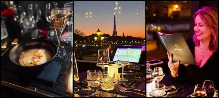 Cena parisina en un autobús panorámico desde los Campos Elíseos