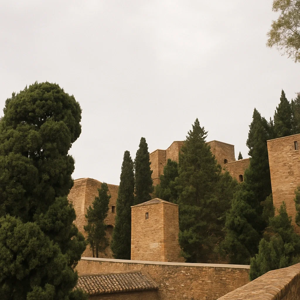 Fortaleza histórica de la Alcazaba de Málaga rodeada de árboles