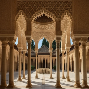 Interior de la Alhambra de Granada con arcos y detalles ornamentales