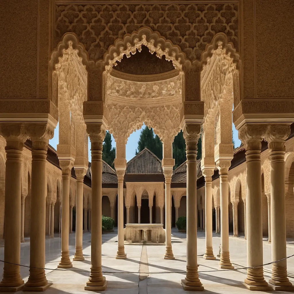 Interior de la Alhambra de Granada con arcos y detalles ornamentales